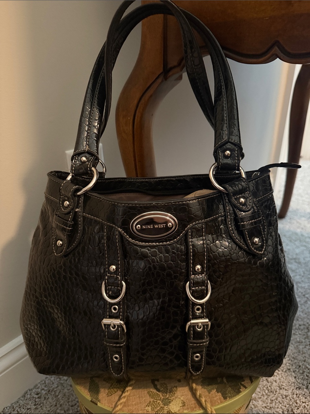 Nine West Black Croc-Embossed Shoulder Bag with Silver Accents
